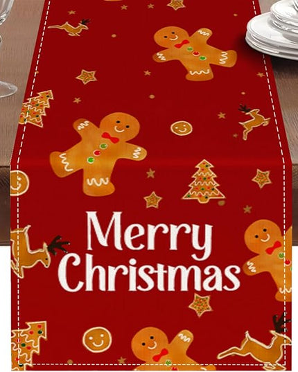 Red Christmas Gingerbread Table Runner 13x72 Inch, Cookie Candy Cane Kitchen Dinning Table Decoration for Home Party Decor