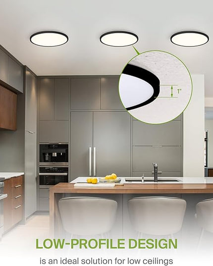 ASD LED 12" Round Flush Mount Ceiling Light Fixture, Low Profile Surface Lighting | 5CCT, Dimmable, Ultra-Thin, ETL Listed | 24W 1900LM 2700-6000K 120V | Kitchen, Bedroom, Hallway Lamp | Black