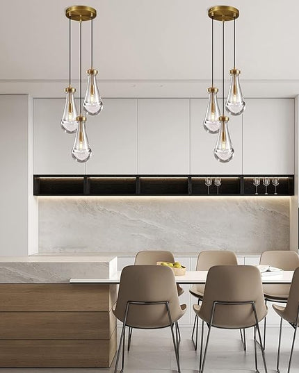 Brass 3 Light Pendant Lighting for Kitchen Island, Raindrop Cluster Pendant Light Fixture, Adjustable Hanging Rope Glass Chandelier Dining Room Light Fixture Ceiling Lamp for Foyer Hallway