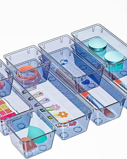WOWBOX 9 Pack Clear Drawer Organizer Set, Acrylic Drawer Storage Trays, Storage Bins for Makeup, Cosmetics, Jewelries, Utensils, Gadgets, Office, Dark Blue