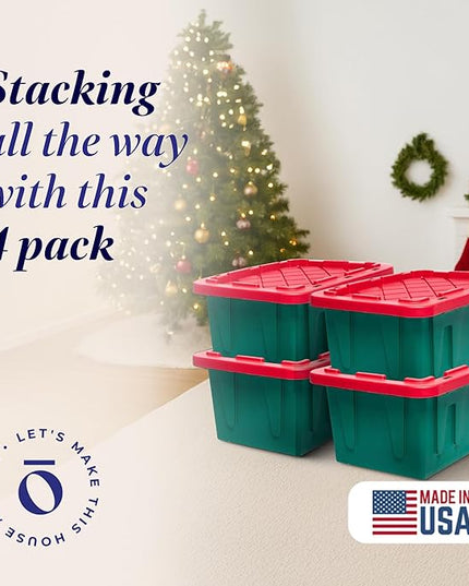 HOMZ 4-Pack Durabilt Tote, Heavy Duty Plastic Storage Bins with Lids, 15 Gallon, Green/Red - Stackable Organizing Containers for Home, Garage, and Office