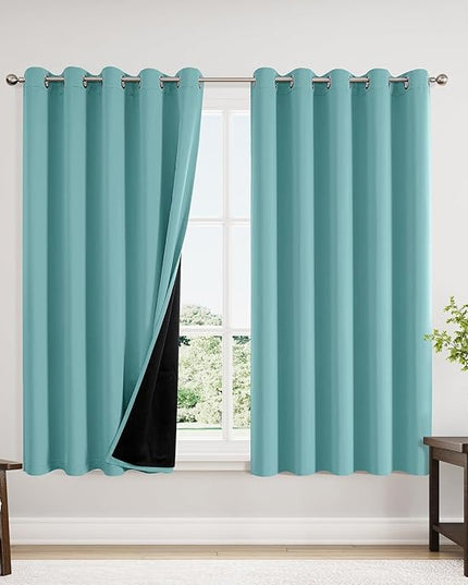 ChrisDowa 100% Blackout Curtains 63 inch Long for Bedroom with Black Liner, Extra Wide 2 Thick Layers Total Blackout Thermal Insulated Grommet Window Curtains 2 Panels Set (Aqua, 60 x 63 Inch)
