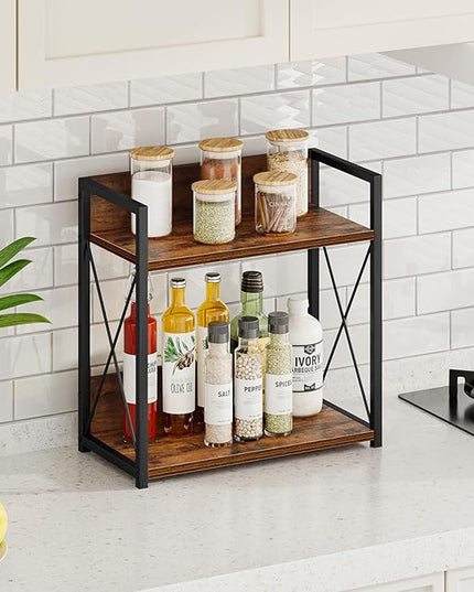 Giikin Kitchen Counter Shelf, Kitchen Countertop Organizer, 2 Tier Spice Rack for Counter, Wood Coffee Bar Organizer for Coffee Station (Brown, L)