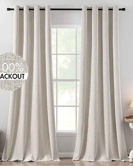 MIULEE 100% Blackout Linen Textured Curtains for Bedroom Solid Thermal Insulated Ivory Grommet Room Darkening Curtains & Drapes Luxury Decor for Living Room Nursery 52 x 120 Inch (2 Panels)