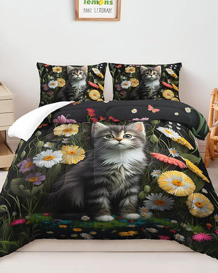 AILONEN Cute Cat Comforter Set Full Size,Beautiful Flower Printed Bedding Set for Boys Girls,Cartoon Pet Cat Animal Themed Quilt with 2 Pillowcases,3Pcs