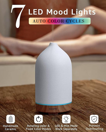 200ML Ceramic Essential Oil Diffuser - Ultrasonic Aromatherapy & Humidifier with 7-Color LED Lights, Auto Shut-Off, Wood Grain Base, 1H/3H/6H Timer | Scent for Home, Office, Yoga