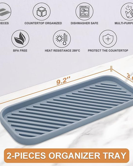 Silicone Organizer Tray, Soap and Sponge Holder for Kitchen Sink, Bathroom - Storage Tray for Dish Brush, Soap Dispenser, Dishwashing Accessories- 2 Pack (Gray)