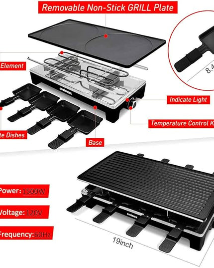 Raclette Table Grill, CUSIMAX Electric Grill, Indoor Grill Korean BBQ Grill With 2 in 1 Reversible Non-stick Plate, Crepe Maker with Adjustable temperature control, 8 Raclette Pans & Wooden Spatulas