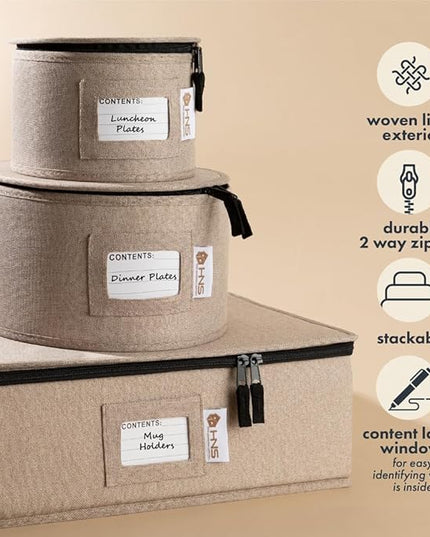 Hard Shell China Storage Containers 5-Piece Set Moving Boxes for Dinnerware, Glasses, Plates, Mugs and Saucers Sturdy Dish Organizer with Dividers for Seasonal Storage - Service for 12 - Brown
