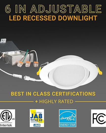 NUWATT 6 inch Gimbal LED Recessed Light Canless Wafer Lights, 5CCT 2700K/3000K/3500K/4000K/5000K, Dimmable, 1050LM, 12W, Ultra-Thin Angled Recessed Lighting Directional LED Downlight, ETL, 6 Pack