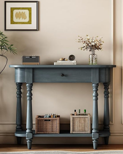 HMFULE Retro Curved Console Table, 36" Solid Wood Half Moon Console Table Sofa Table Entryway Table with 1 Drawer 1 Open Shelf Roman Legs Curved Corners for Living Room,Entryway,Hallway,Navy