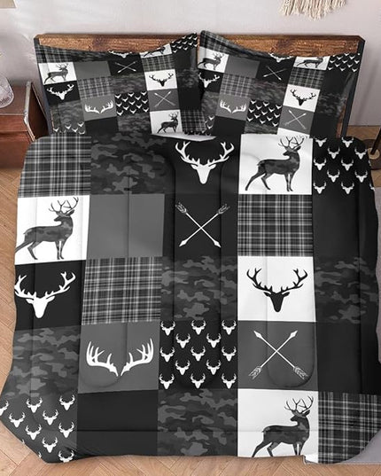 Queen Size Comforter Set with 2 Pillowcases, Camouflage Camo Military 3 Pcs Bedding for Kids and Adults, Army Vintage Hunting Deer Soft Comforter Set for Bedroom Bed Decor