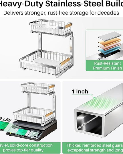 Under Sink Organizer, Stainless Steel 2 Packs 2 Tier Under Sink Organizers and Storage, Slide out Pull out Cabinet Shelf, Sliding Drawer for Kitchen Bathroom Pantry Cabinet Closet Organization Rack