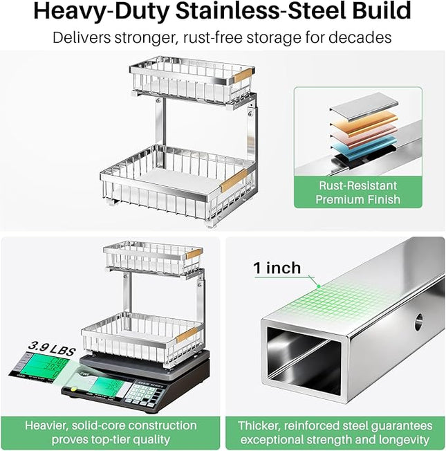 Under Sink Organizer, Stainless Steel 1-Pack 2 Tier Under Sink Organizers and Storage, Slide out Pull out Cabinet Shelf, Sliding Drawer for Kitchen Bathroom Pantry Cabinet Closet Organization Rack