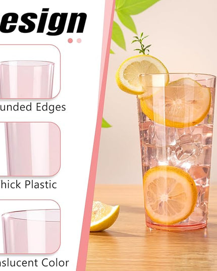 Liacere Plastic Drinking Glasses Set of 12-18oz Highball Pink Reusable Plastic Glasses Colors, Water Glasses Cups,Tumbler Glassware Set for Beer, Juice, Cocktail, Milk for Mother's Day Valentine’s Day