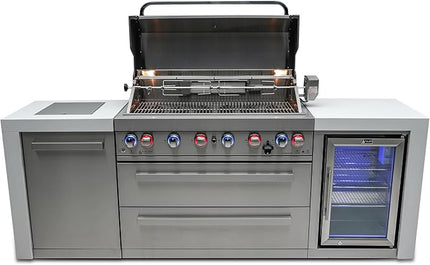 Mont Alpi MAi805- DFC 6 Burner 44-inch Stainless Steel Deluxe Modular Outdoor Kitchen Island BBQ Grill with Fridge Cabinet + Side Burner + Granite Countertops & Sides + Rotisserie and Grill Cover