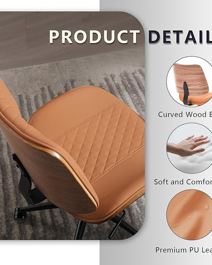 Home Office Chair No Arms with Wheels, Adjustable Height PU Leather Mid Back, 360 Swivel Computer Small Desk Chair, Armless Modern Walnut Style for Office, Reading Meeting Room(Brown)
