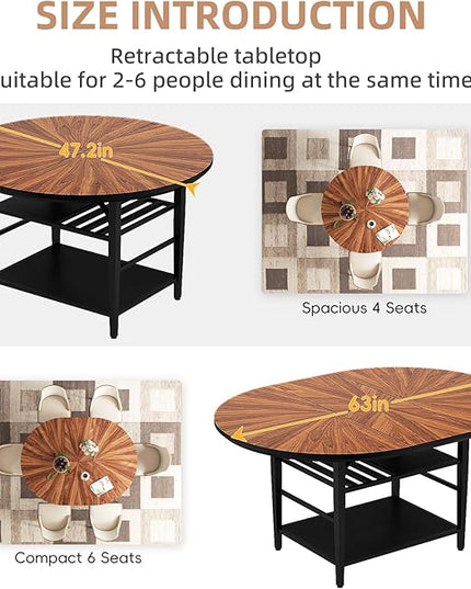 VFK 47.2"-63" Extendable Round Dining Table Set for 4–6, Solid Wood & Metal Table with Wine Rack Storage Shelf, Walnut Kitchen Furniture with 4 Upholstered Chairs (Storage Table and 4 Brown Chairs)