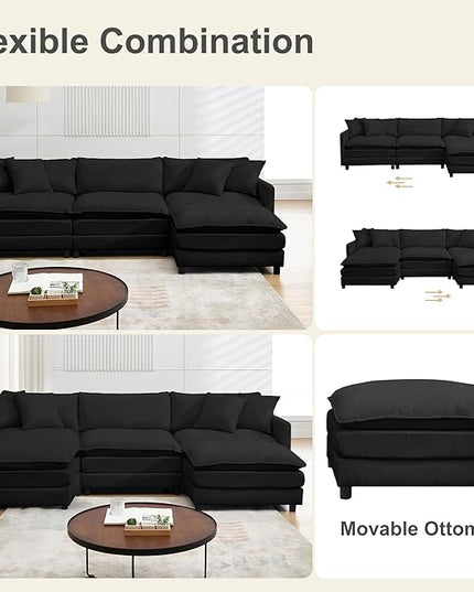 Modular Sectional Sofa,108.27'' Modern Sleeper Sofa Couch with 3 Seat & 2 Ottoman & 3 Pillows Sofa Set, Cloud Couches with Movable Ottoman Deep Seat Couch for Living Room, Chenille (Black, U Shaped)