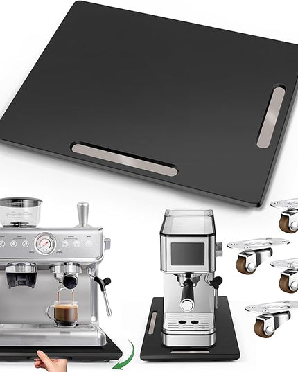 Joy&Grace Appliance Slider for Kitchen Appliances 360° Rolling Sliding Tray for Coffee Maker Countertop, Bamboo Coffee Pot Slider Rolling Tray with Universal Rollers (Black, Large 16"x13")