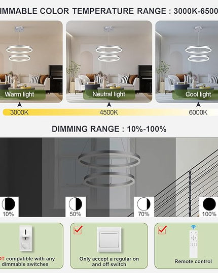 2-Rings Modern LED Chandelier Silver for Dining Room, Circular Flush Mount Ceiling Chandelier Light Dimmable Pendant Light with Remote Control for Living Room Entrance Foyer, 3000K-6500K