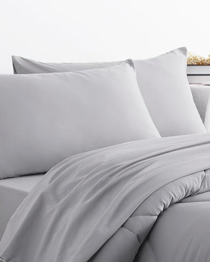 NTBAY Twin Comforter Set with Sheets, 5 Pieces Soft and Breathable Twin Bedding Set, Twin Bed in a Bag, Down Alternative Comforter Set Solid Color All Season, Kids Bedding Set, Light Grey