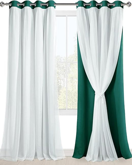Hiasan Mix & Match Blackout Curtains with Sheer Overlay, Double Layer Sun Blocking Thermal Insulated Grommet Window Curtains for Christmas,Living Room,2 Panels with Tiebacks, Hunter Green, 52W X 108L