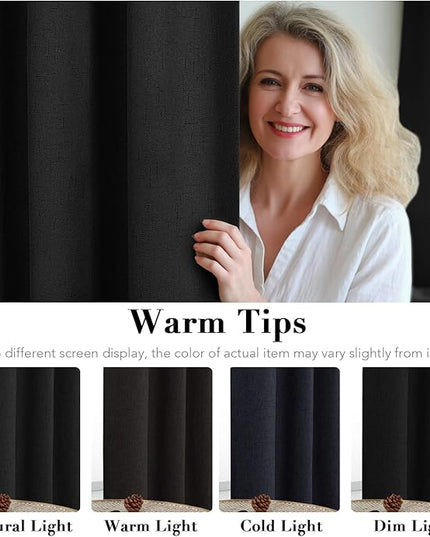 H.VERSAILTEX Linen Blackout Curtains 63 Inches Long 100% Blackout Thermal Insulated Textured Linen Look Curtain Draperies Anti-Rust Grommet, Energy Saving with White Liner, 2 Panels, Black