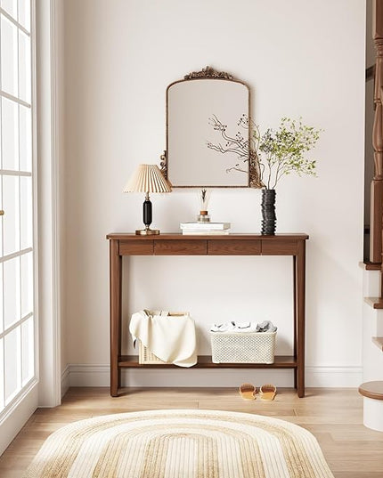 AQIMUELE Wood Console Table with Drawers, Mid Century Modern Console Table Walnut for Entryway, Living Room, Hall Way.