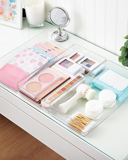 STORi SimpleSort 3-Piece Stackable Clear Drawer Organizer Set | 12" x 6" x 2" Rectangle Trays | Wide Makeup Vanity Storage Bins and Office Desk Drawer Dividers | Made in USA
