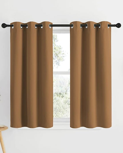 NICETOWN Short Blackout Gold Brown Curtains for Bedroom - Energy Saving Thermal Insulated Solid Grommet Room Darkening Small Window Treatments for Kitchen/Cafe, 2 Panels, W34 x L50