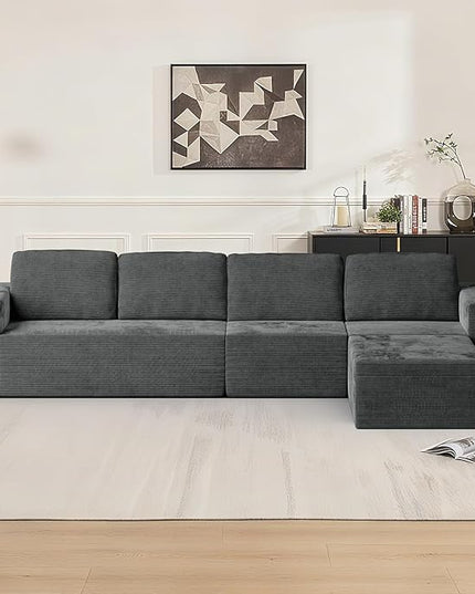 136" Cloud Sectional Couch, Left/Right Facing Convertible Sofa with Deep Seat, L-Shape Modular Upholstered Foam Couch for Living Room Bedroom, No Assembly Required (Corduroy Fabric, Grey)