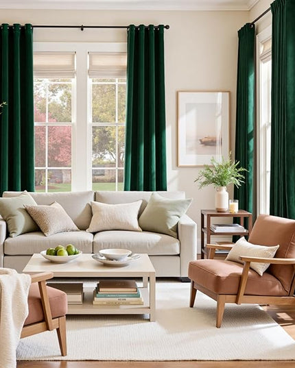 Lazzzy Blackout Velvet Green Thermal Insulated Curtains 90 Inch Long Drapes for Bedroom Window Treatments Grommet Living Room Drapes Set of 2 Panels Emerald Green