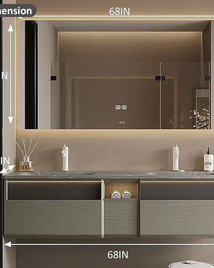 68IN Wood Bathroom Vanity - Double Sink Bathroom Vanity with Sink | Includes LED Intelligent Defogging Mirror Cabinet, 3 Drawers | Intelligent Induction Light & Integrated Double Sinks, Grey