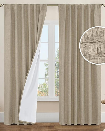 LAMIT Taupe 100% Blackout Linen Curtains, 84 Inch Linen Textured Living Room Farmhouse Curtains Room Darkening Back Tab and Rod Pocket Burlap Neutral Panels with White Liner, 2 Panels, 52 x 84 Inch