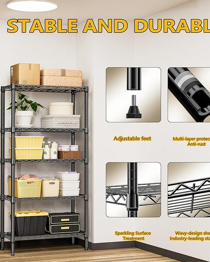 1250 lbs 5 Tier Shelf Metal Storage Shelves Shelving Wire Rack Heavy Duty Closet Organizers for Garage Kitchen Bathroom Laundry Black 13.8" D x 29.5" W x 59.5" H