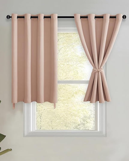 JIUZHEN Short Curtains Kitchen Half Window Blackout Curtains with Tiebacks for Baseroom Shadows, Grommet Curtains for Living Room, Set of 2 Window Curtain Panels, 52 x 30 Inch Length，Blush Pink