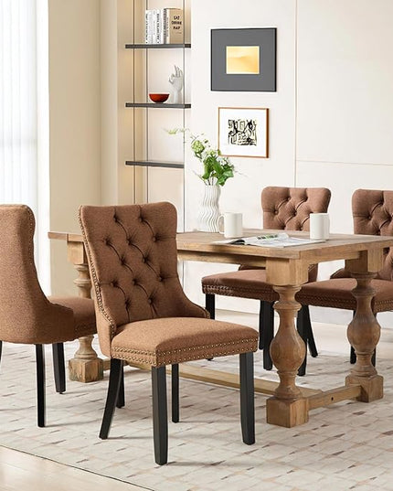 SoarFlash Linen Fabric Dining Chair Set of 4, Upholstered Tufted Dining Room Chair with Nailhead Trim and Solid Light Color Wood Leg for Kitchen (Coffee)