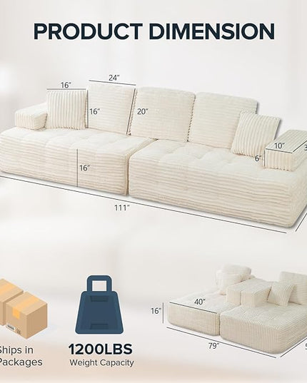 Marine Moon 111" Modular Sectional Sofa, 4-Seat Oversized Deep Seat Cloud Couch, No Assembly Required, Convertible Straight Sofa to L-Shaped for Living Room, Apartment & Home, White