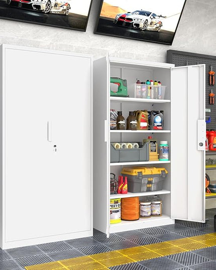 Metal Garage Storage Cabinet with Lock, 72" Tall Steel Storage Locker with 4 Adjustable Shelves, Heavy Duty Metal Cabinet for Garage, Office, Home, White
