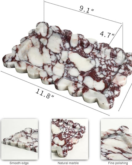 Natural 100% Marble Vanity Tray Luxury Scalloped Marble Storage Square Rectangle Tray for Home Decor Stone Tray for Bathroom Kitchen Candle Key (Rectangle-11.8 * 7.4-Calacatta Viola)