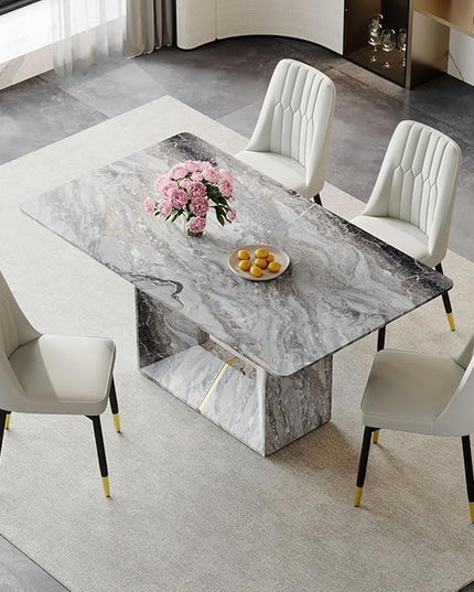 Dinner Table Set for 4, 5 Piece Dining Table Set with Chairs, 63" Faux Marble Modern Table with 4 PU Leather Upholstered Chairs, for Kitchen & Dining Room
