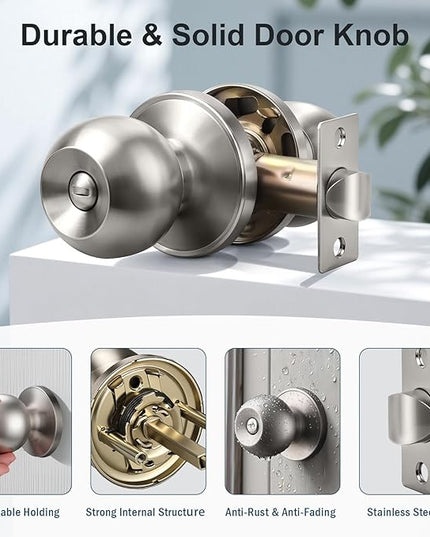 KNOBWELL Interior Door Knobs in Brushed Nickel Finish, Keyless Privacy Door Knob with Lock, Round Ball Style Door Knob for Bedroom Bathroom, Indoor Door Knob, 10 Pack