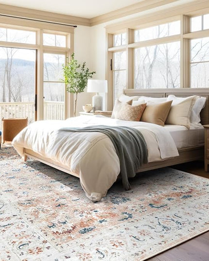 jinchan Area Rug 8x10 Living Room Rug - Washable Vintage Large Boho Floral Floor Cover Lightweight Low Pile Thin Non-Slip Retro Distressed Carpet for Bedroom Dining Room Kitchen Office Pink Blush