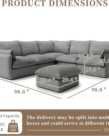 Waterproof Cloud Sectional Couches for Living Room,High Backrest Down Filled Couch,6 Seater Oversized Modular U-Shaped Sofas with Ottoman,Detachable Sofa Covers,Dark Grey