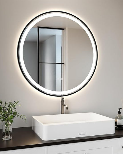 APRILSOUL 36 Inch Round Aluminum Framed LED Bathroom Mirror with Lights, Makeup Mirror with Front and Backlit, Anti-Fog, 3 Colors and Dimmable Light
