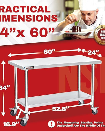 DuraSteel 24x60 NSF Stainless Steel Cart Work Table - Heavy Duty Rolling Food Prep Table Countertop Island - Metal Utility Cart on Wheels Caster, Grill Stand Storage Outdoor Kitchen Tables Bar Top