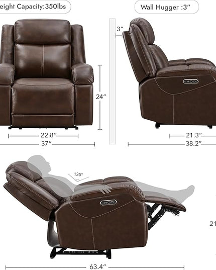 Watson & Whitely Genuine Leather Power Recliner Chairs for Adults, Wall Hugger RV Recliner with Power Headrest & Charging Ports, Electric Recliner Sofa Chair for Living Room, Dark Brown