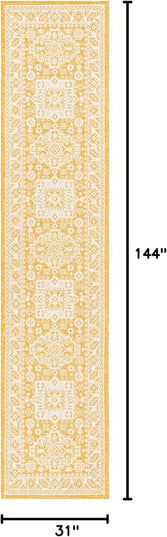 Rugs.com Outdoor Aztec Collection Rug – 12 Ft Runner Yellow Flatweave Rug Perfect for Hallways, Entryways