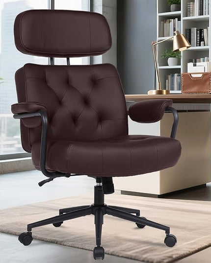 Big and Tall Office Chair 500LBS, Executive Office Chair for Heavy People, Heavy Duty Desk Chair Comfy, Computer Chair High Back PU Leather, Extra Wide Rocking Chair with Wheels for Home Office, Brown
